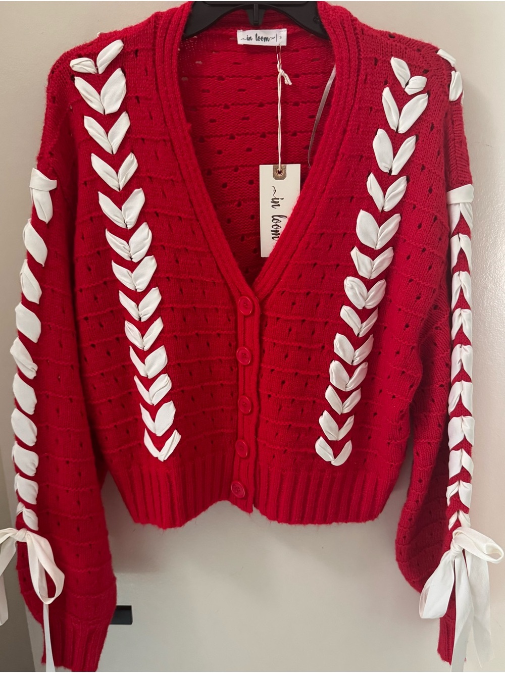in loom Red V-Neck Ribbon-Trim Cardigan